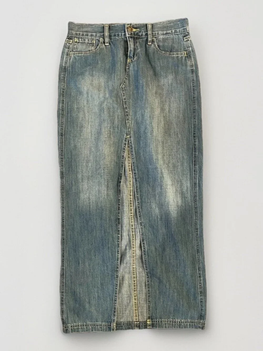 Old Navy Denim Long Skirt Womens Size 0 Medium Wash Front Slit Y2k Western
